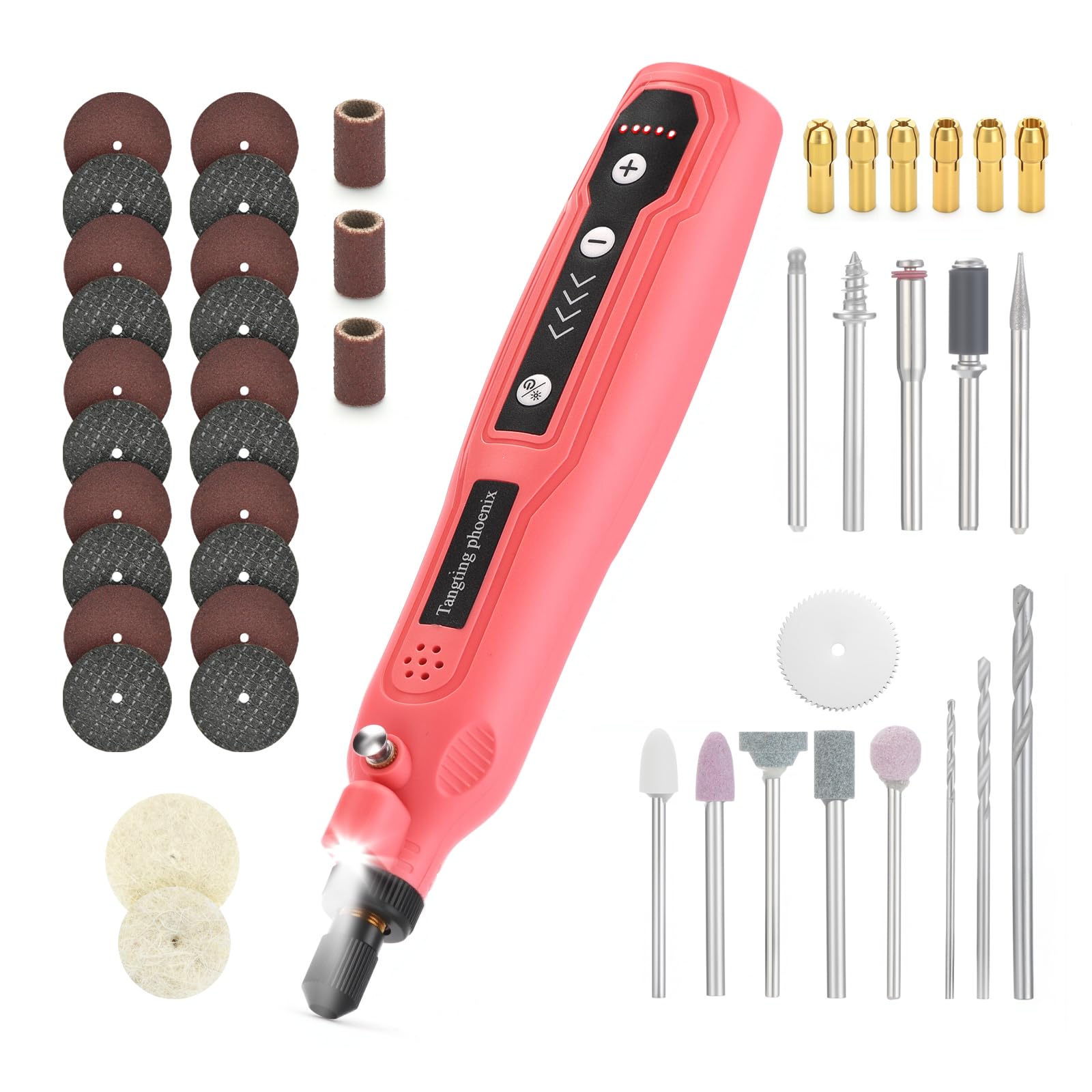 Kit di utensili rotanti all-in-one con 45 accessori, strumento elettrico senza fili da 3,7 V, 5 velocità e ricarica USB per fai da te, levigatura, lucidatura, incisione - rosa
