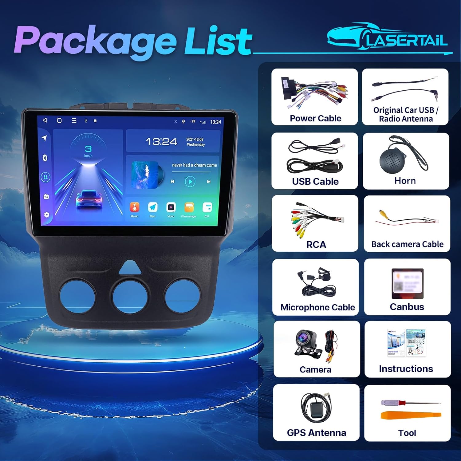 Contents of the LASERTAIL car stereo package, including the head unit, wiring harnesses, camera, and accessories