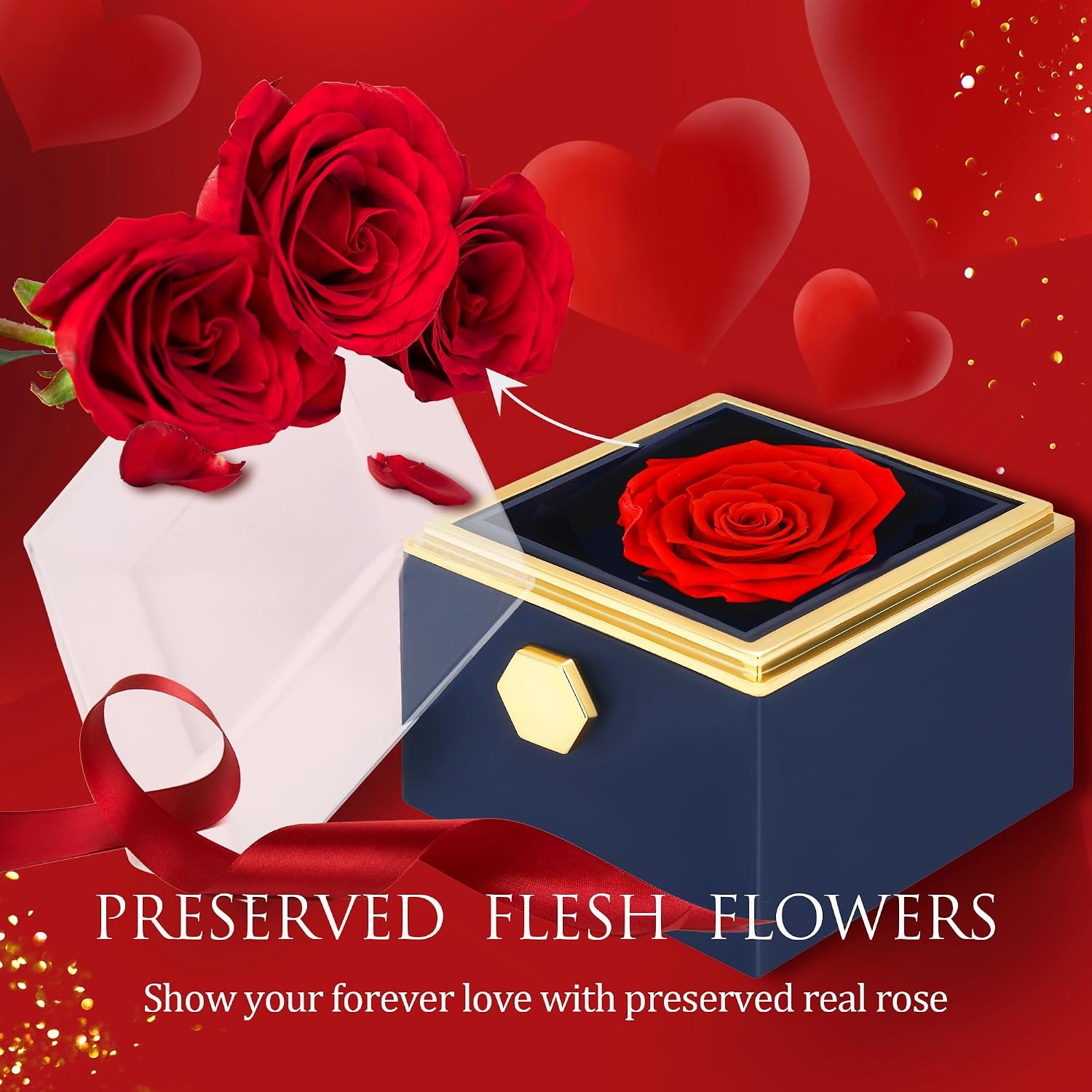 Preserved Red Real Rose with 925 Sterling Silver Love Knot Necklace Eternal Forever Flowers Gift for Girlfriend, Wife Daughter Mom on Birthday Chrismas Valentines Day Anniversary