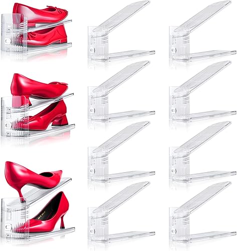 Miniatura 10 de Organizador de ranuras ajustables para zapatos, paquete de 12 apiladores transparentes para zapatos, soporte para zapatos, ahorrador de espacio de