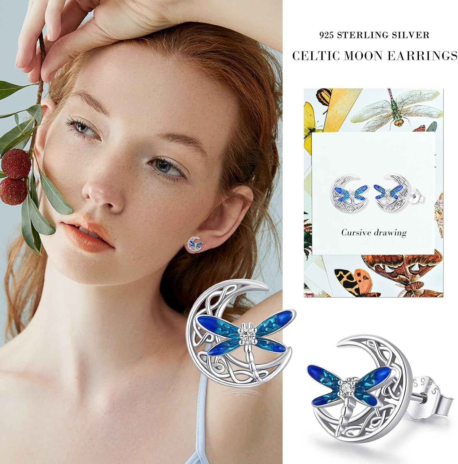 Celtic Moon Earrings 925 Sterling Silver Dragonfly Stud Earrings Irish Celtic Jewelry Gifts for Women - Image 8