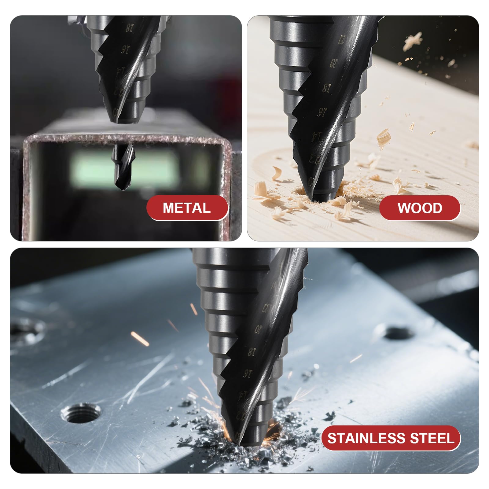 Broca Escalonada para Metal Ø 4-32mm, HSS M42 Broca Conica TiAlN Cobalto, con Vástago Hexagonal, Profesional 15 Pasos Doble Espiral Brocas para Acero Inoxidable, Metal Duro, Madera, Plástico
