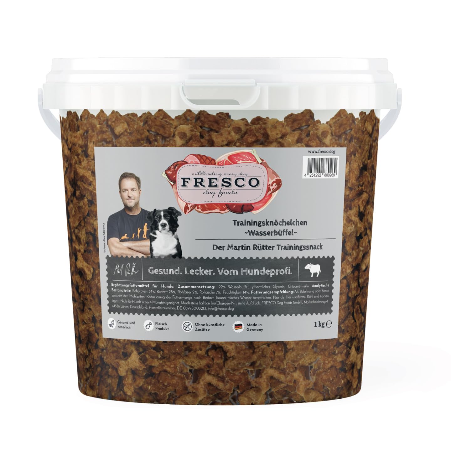 FRESCO Dog Martin Rütter Trainingsknöchelchen Wasserbüffel 1kg | Hundeleckerli getreidefrei & zuckerfrei mit 92% Frischfleisch | Geruchs- & fettarm | Gesunde Hunde Leckerlis fürs Hundetraining
