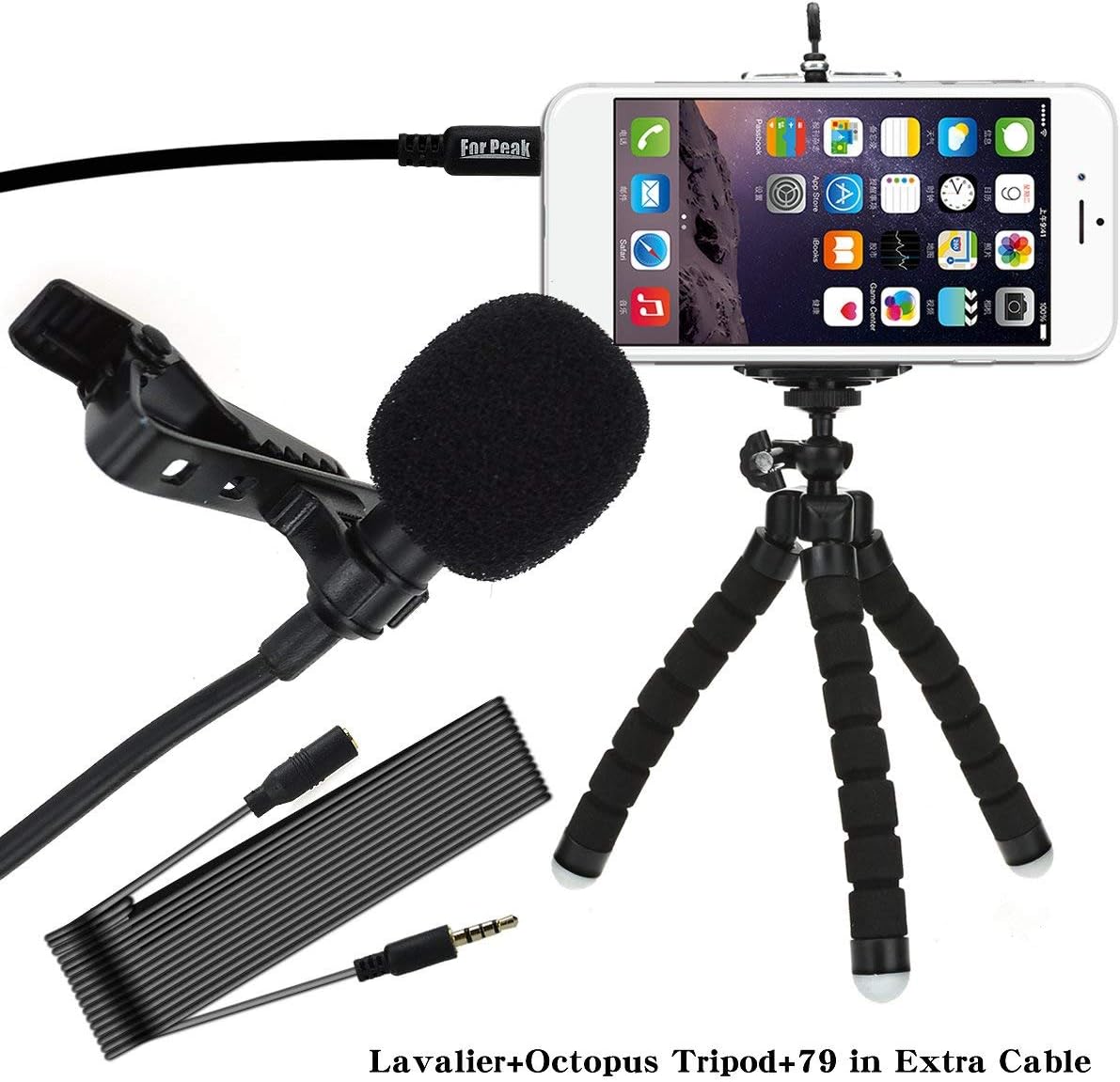 Lavalier Lapel Microphone Clip On Omnidirectional Condenser Mic with Flexible Aluminum Phone Tripod For Apple iPhone Android Samsung and Smartphones