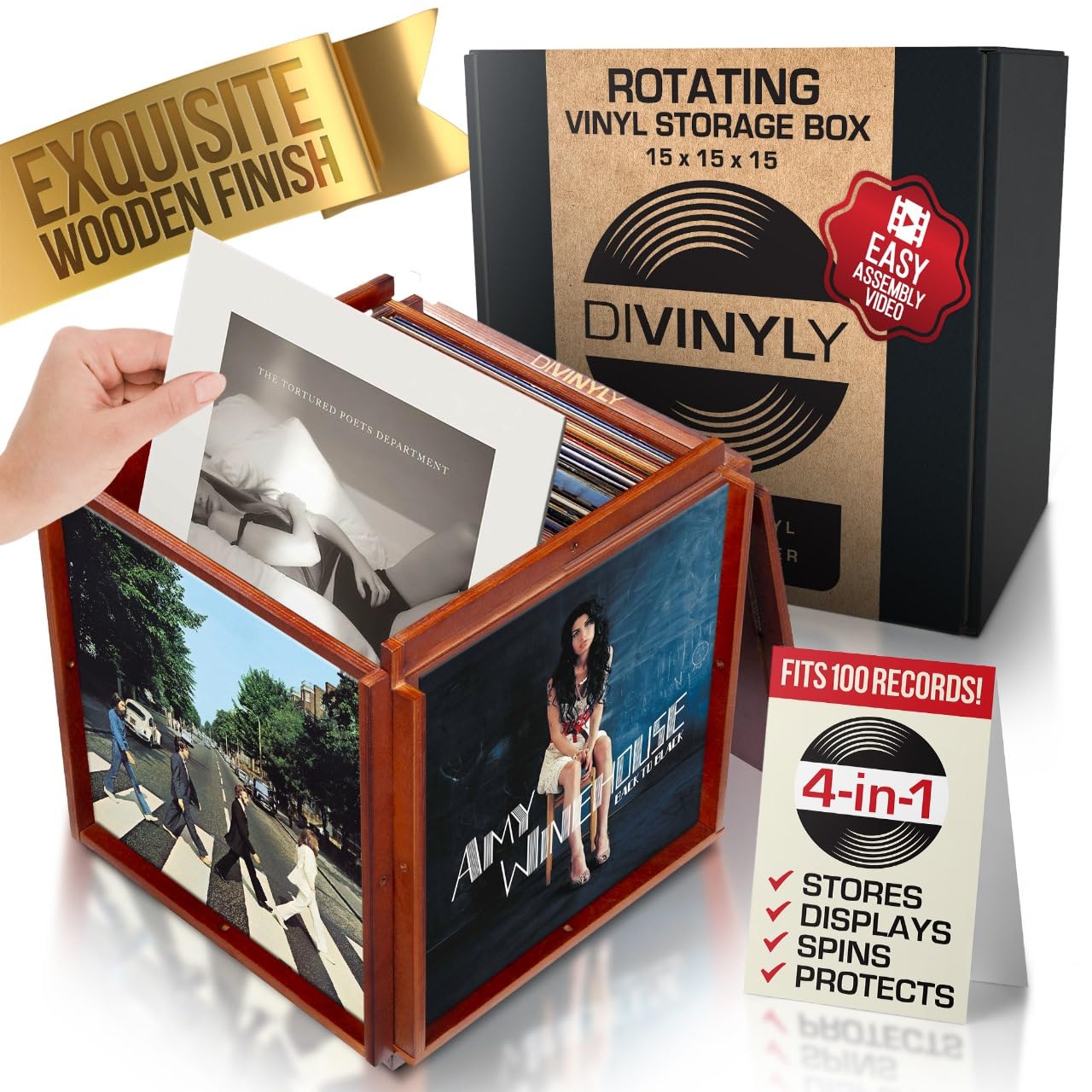 DIVINYLY 4-in-1 Rotating Vinyl Record Storage Box - Wooden Vinyl