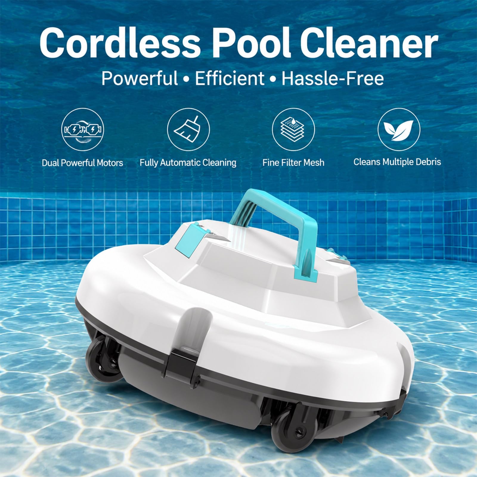 Robot nettoyeur de piscine sans fil, 120 min d'autonomie, double moteur