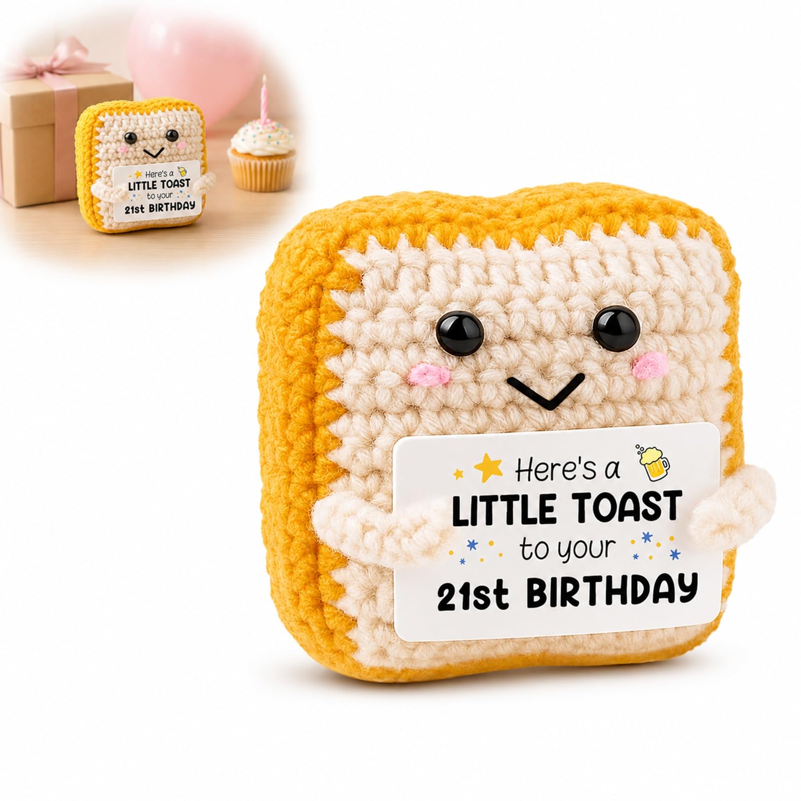 21st Birthday Crochet Toast Keepsake - Handmade Positive Toast Decor with Funny Celebration Card, Cute Desk and Shelf Ornament for Women Men Friend Sister Son or Daughter (21st Brithday)