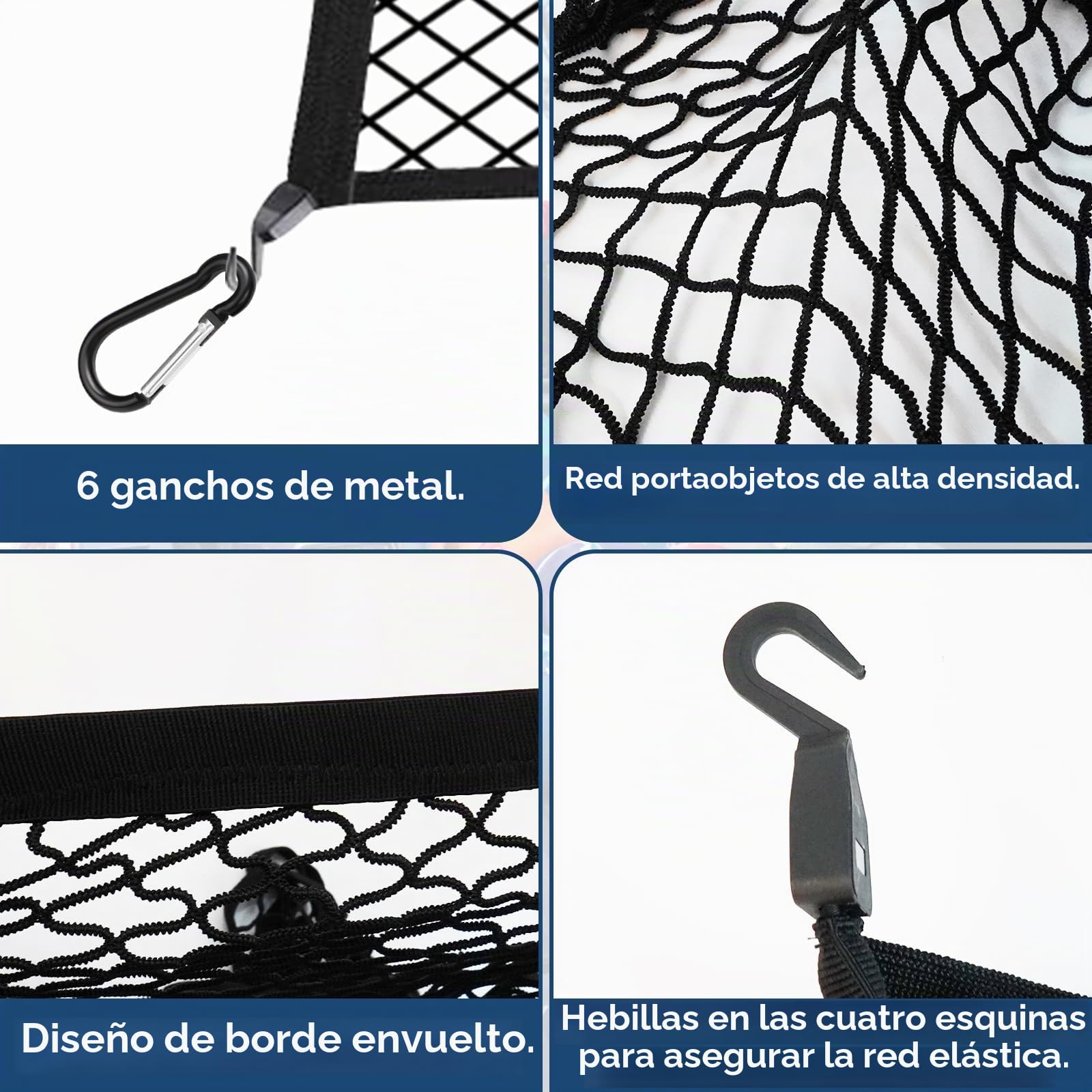 Red de Carga Altamente Elástica, Red Grande para Maletero de Coche 120x120cm, Puede Extender a 210×210cm, Organizador de Malla de Carga para camión, con 6 Mosquetones, para SUV Camionetas Carro
