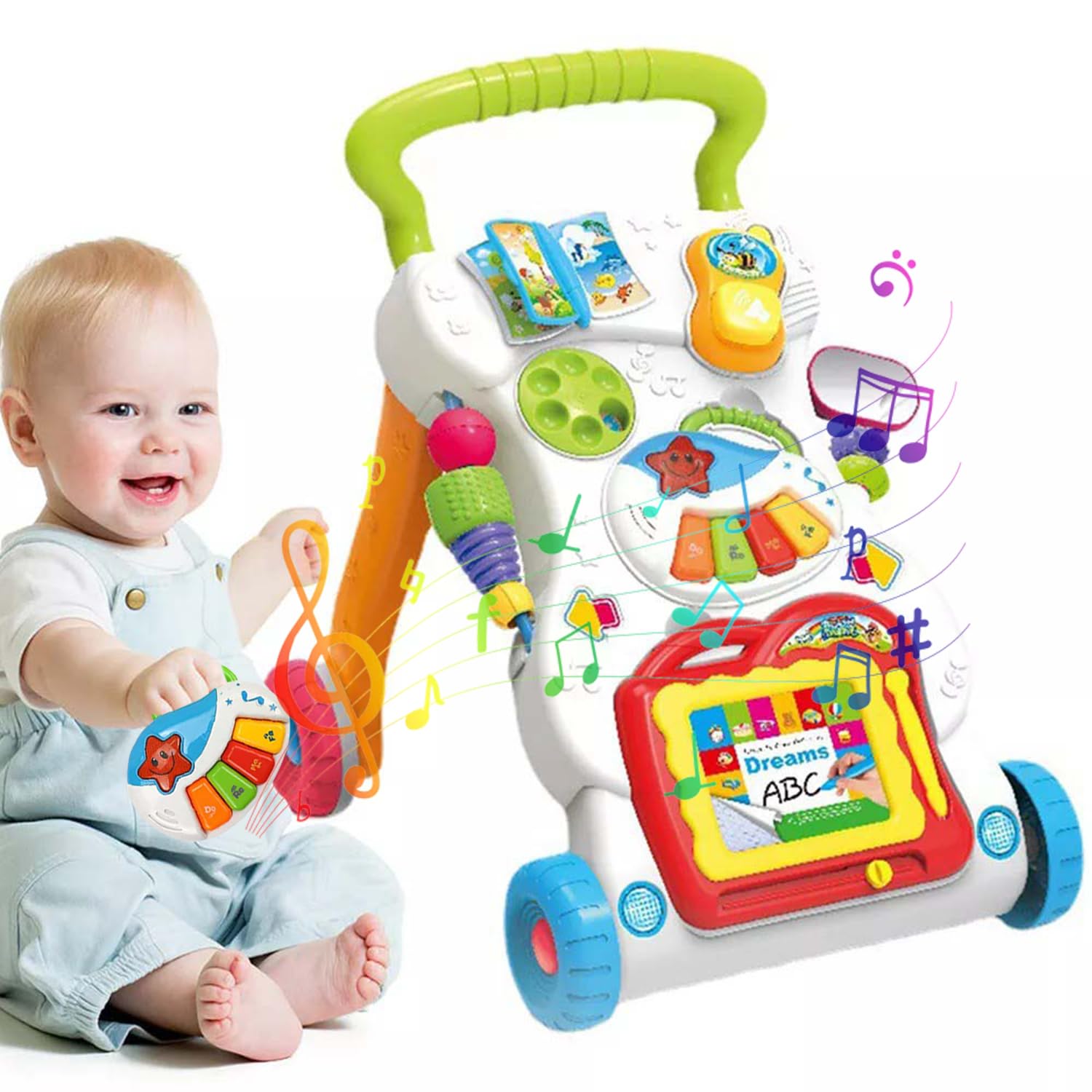 Gziztx Baby Walker First Steps Push Along Walker with Detachable Phone, Piano, Drawing Board, Shapes, Sounds, Music, Suitable for Babies Aged 6 Months and Above, Boys and Girls