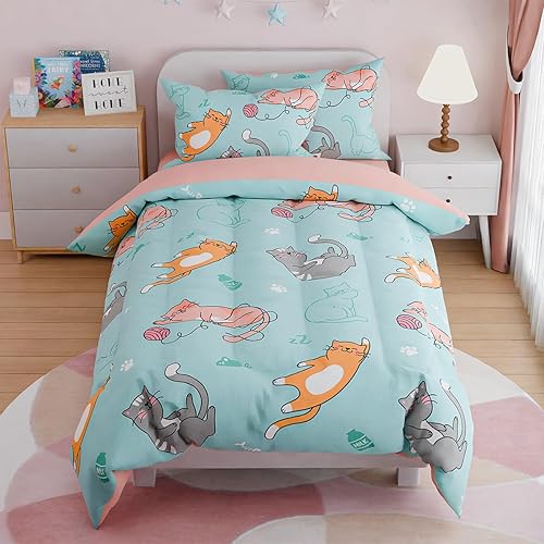 SANDJEST Cat Comforter Set Full for Girls, Ultra Soft Microfiber