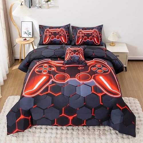6Pcs Gamer Comforter Set with Sheets for Boys Girls Kids Teens, Colorful Gaming Themed Bed in A Bag Queen Size, Black 3D Video Game Controller Bedroom Decor Bedding Set