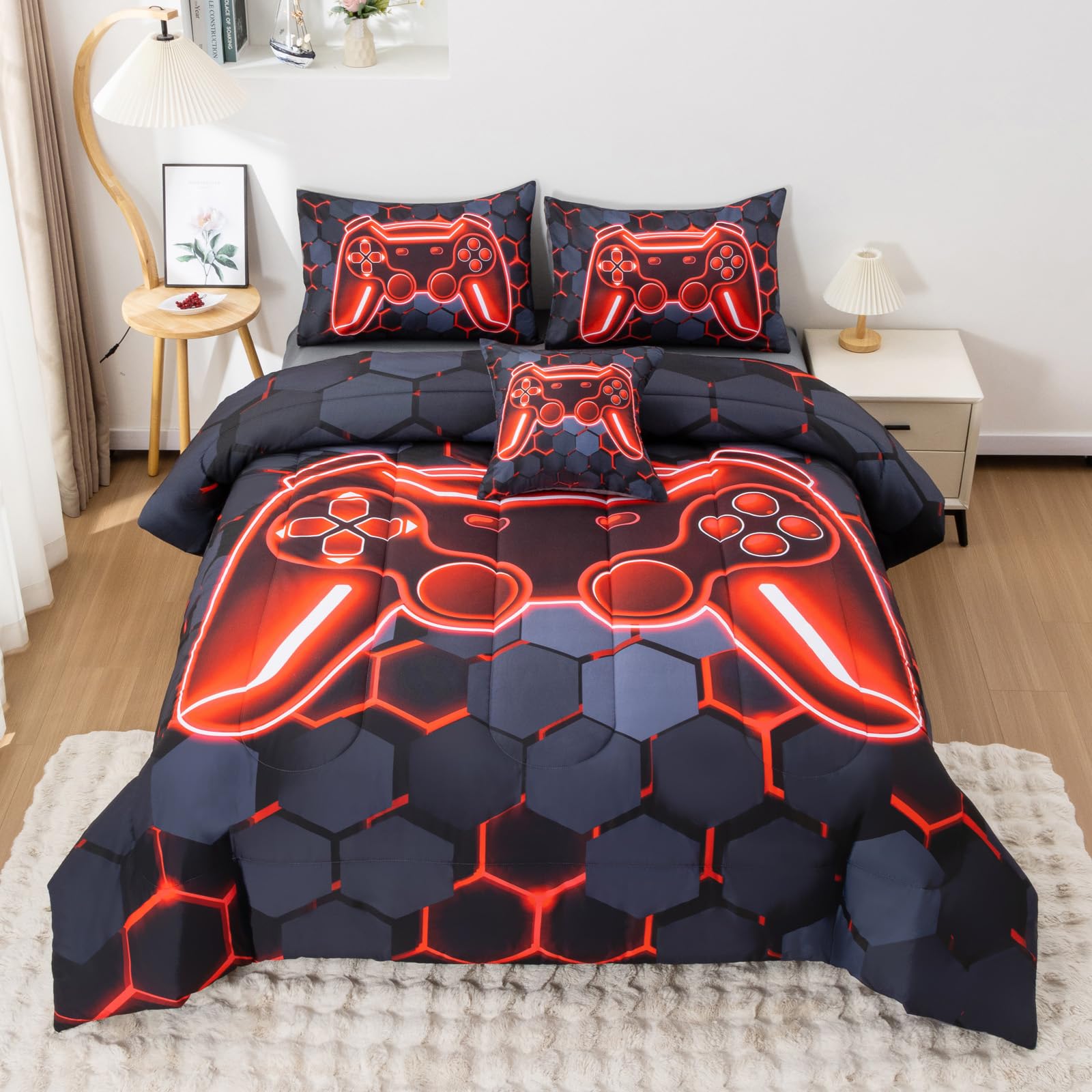 6Pcs Gamer Comforter Set with Sheets for Boys Girls Kids Teens, Colorful Gaming Themed Bed in A Bag Queen Size