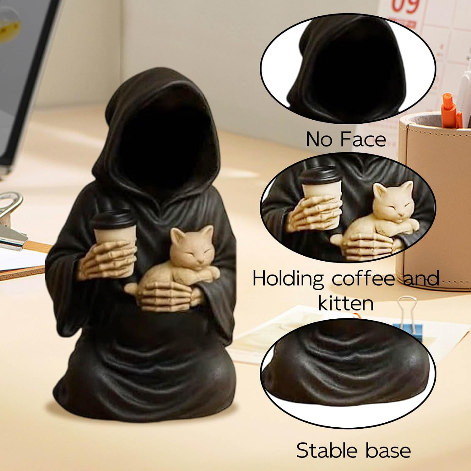 Halloween Decor, Gothic Decor Mysterious Resin Statue with Cat, Black Robe Spooky Figurines Table Centerpiece for Home Office, Indoor Decorations image 2