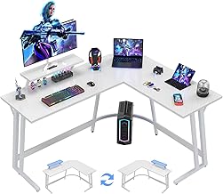 Devoko - Scrivania da gioco angolare 120 x 120 cm con supporto per schermo, tavolo per computer ad angolo, a forma di L, per studiare, giocare e lavorare, in carbonio bianco