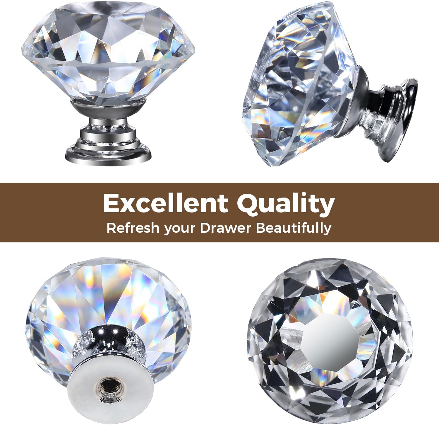 DEELF 12 Packs Kitchen Cabinet Knobs, 40 mm Crystal Cabinet Knobs, Diamond Dresser Handle Drawer Pulls, Dresser Knobs for Cabinets and Drawers, Silver Base