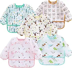 PandaEar Pacote com 5 babadores de manga comprida | Babador completo impermeável com mangas para bebês de 6 a 24 meses | Blusa de bebê à prova de bagunça para comer | Avental de bebê para alimentação