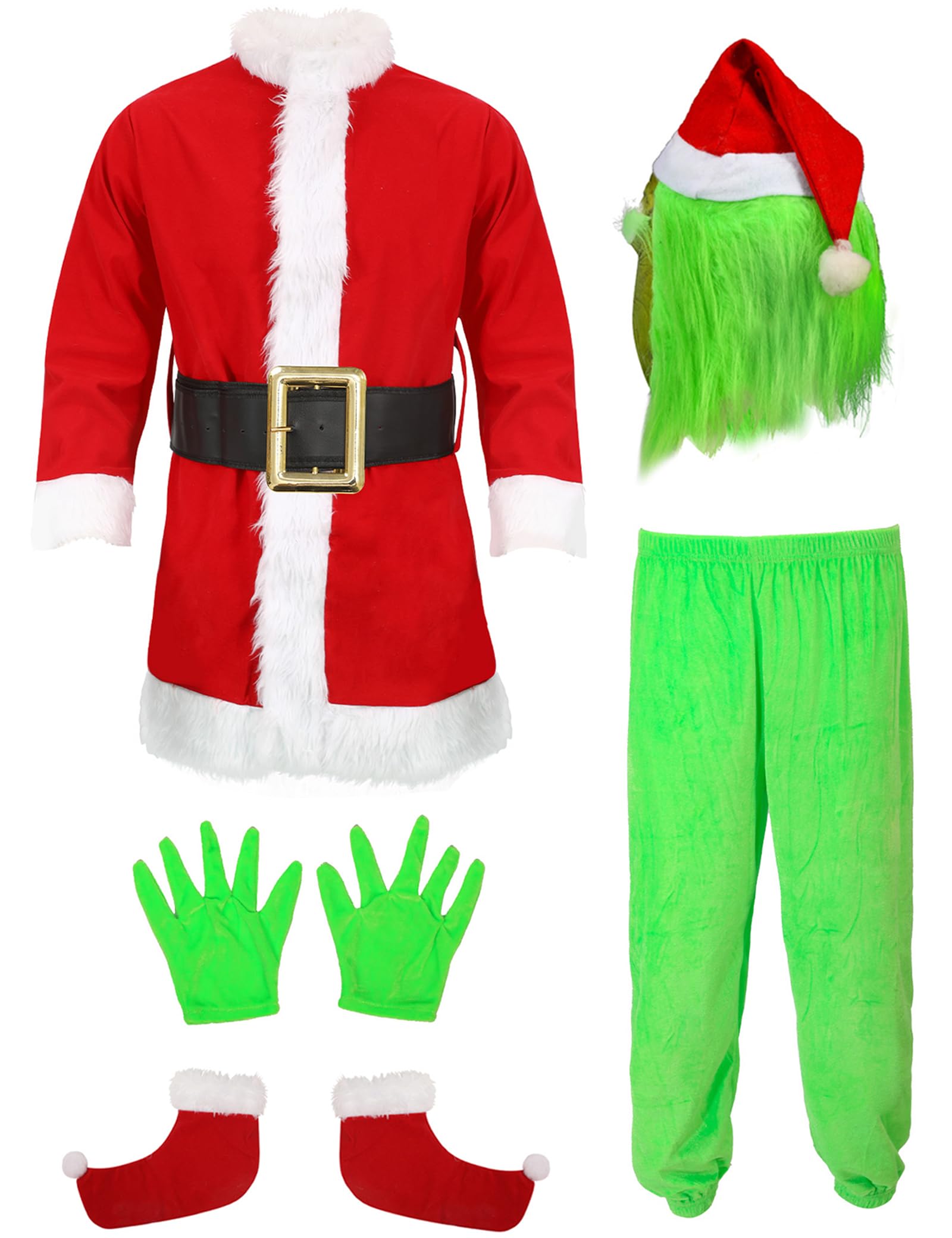 Makoike 6PCS Christmas Monster Costume Adult Green Monster Mask Christmas Santa Claus Outfit Cosplay Furry Props — image 1