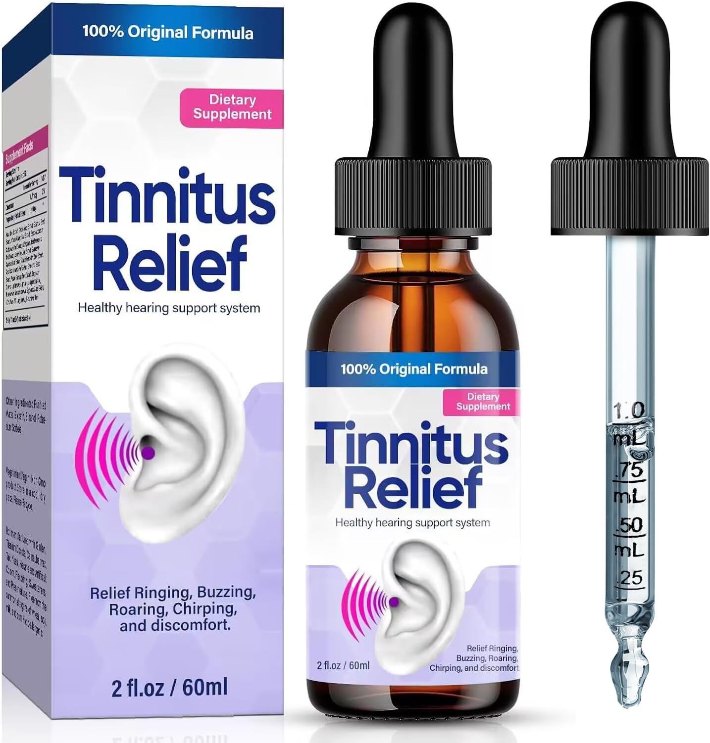Tinnitus Relief for Ringing Ears, Tinnitus Treatment Supplements, Natural Herbal Blend, Support Ear Tinnitus Relief for Women Men, 60ml, Purple-white