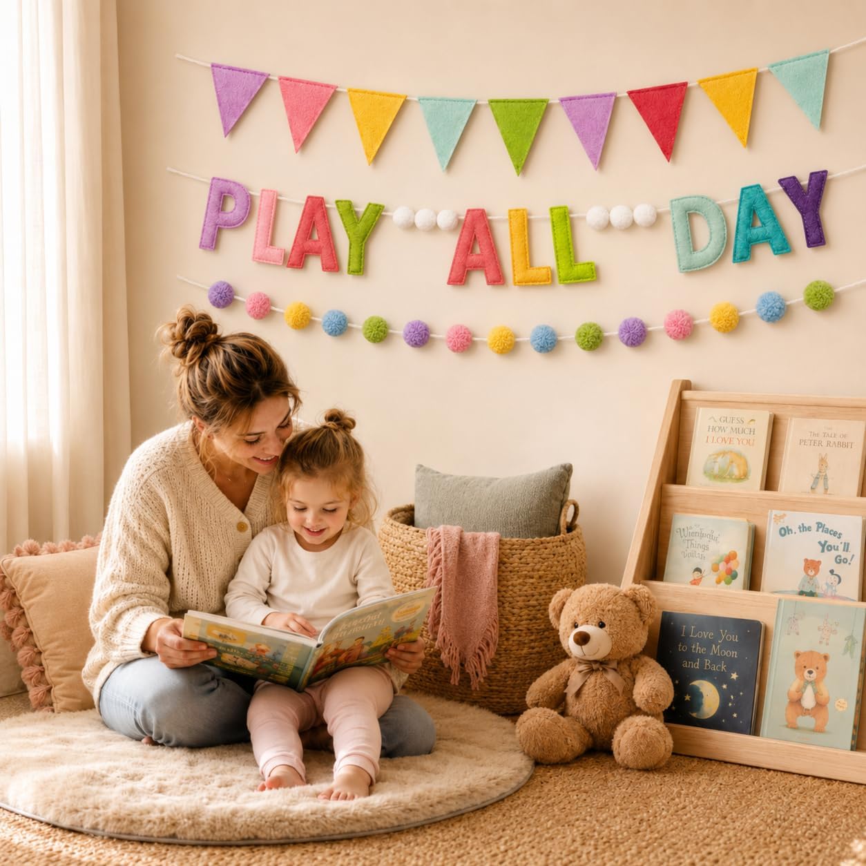 Play All Day Banner with Flag Garland and Pompoms Playroom Decor for Kids