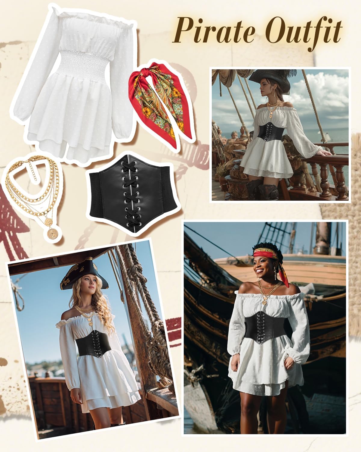 Women Pirate Costume Dress with Corset Accessories Long Sleeve Romper Short Off Shoulder Dress - Image 5