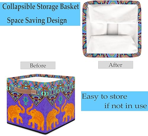 Miniatura 5 de Cesta de almacenamiento plegable de tela con diseño vintage de dos elefantes, 13 x 13 x 13 pulgadas, cubos cuadrados con asas para el hogar, sala de