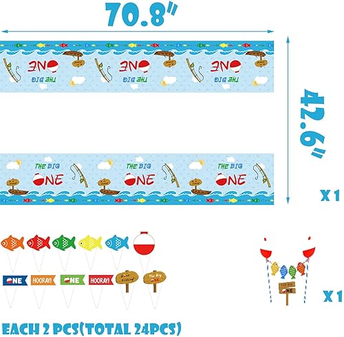 Miniatura 7 de Ofishally One - Juego de 147 decoraciones de fiesta, kit de guirnalda de globos The Big One, telón de fondo de pesca, 1 mantel O Fish Ally,