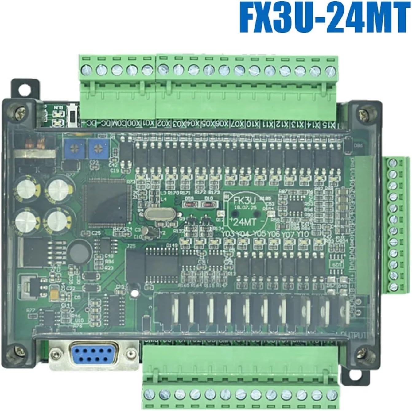 Careca view of the SPABOY FX3U-24MT PLC showing its components and terminal blocks.