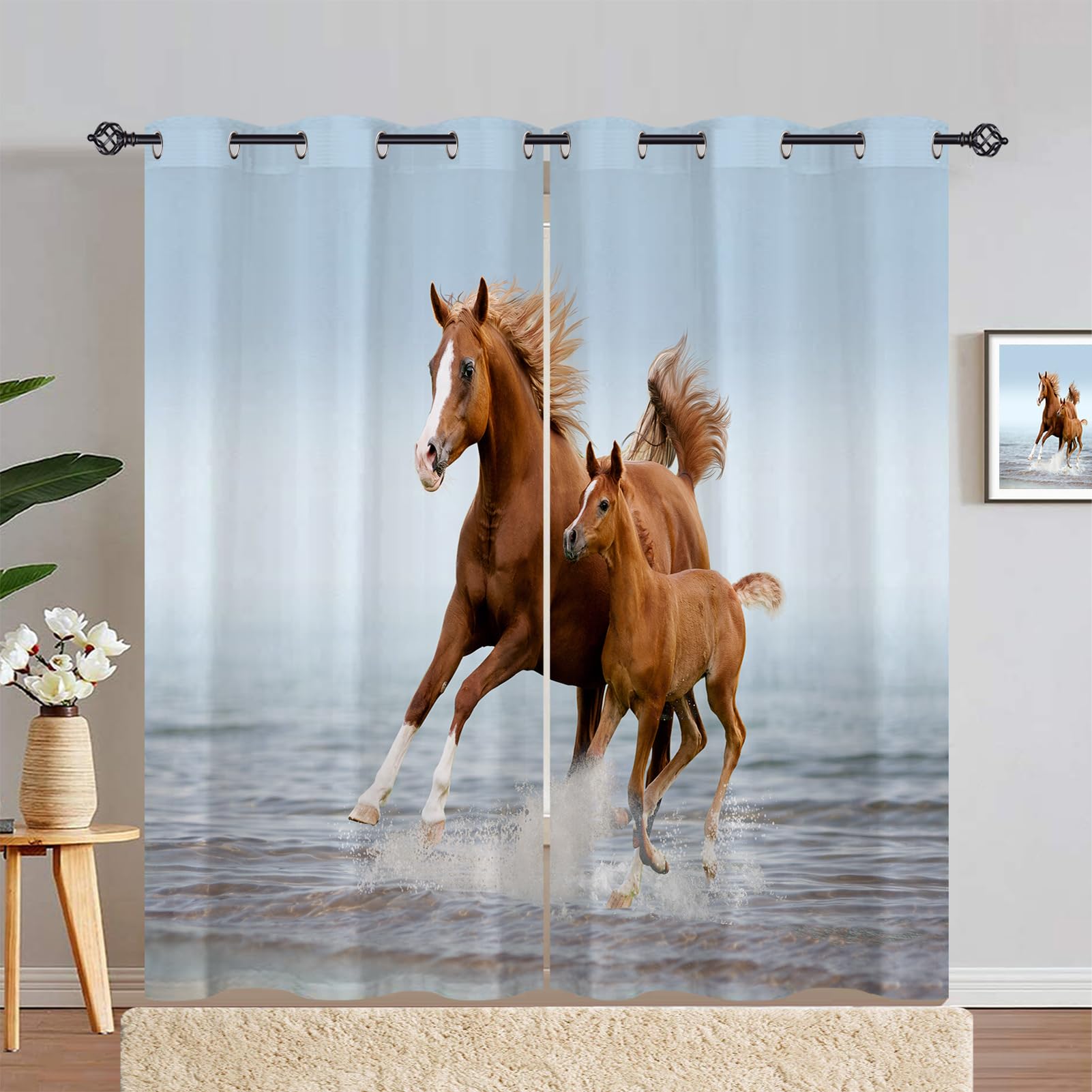 ANHOPE Horse Curtains Eyelet Soft Thermal Insulated Blackout Curtains Wild Animal Mare & Pony Running Print Pattern Ring Top Drapes for Bedroom Living Room 66 x 72 Inch Drop 2 Panels — image 1
