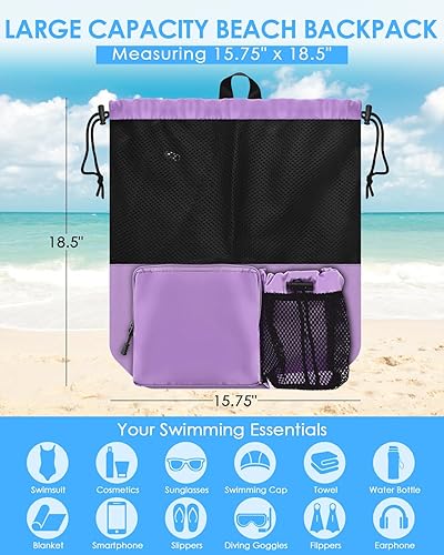 Miniatura 4 de BROTOU Mochila de playa con bolsillo húmedo de malla con cordón para natación, gimnasio