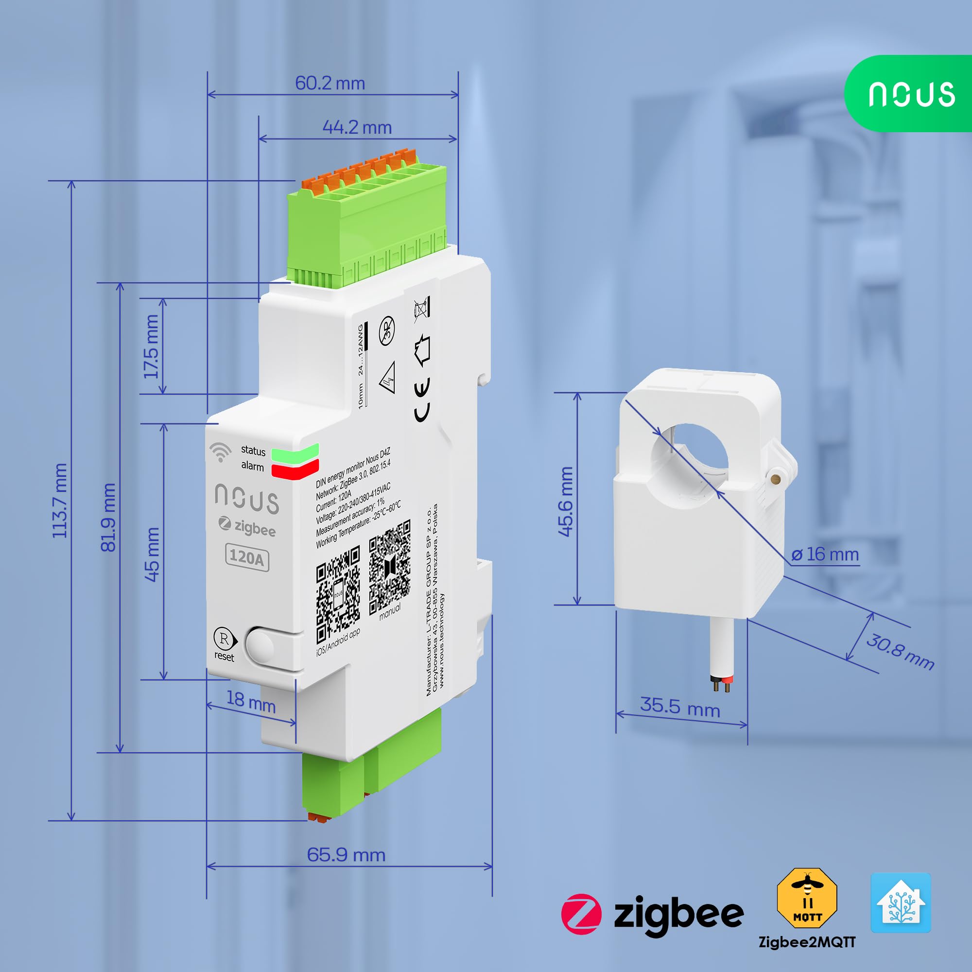 NOUS D4Z Zigbee 120A, Monitoraggio del Consumo in Tempo Reale, Compatibile con Alexa e Google Home, Montaggio su Guida DIN