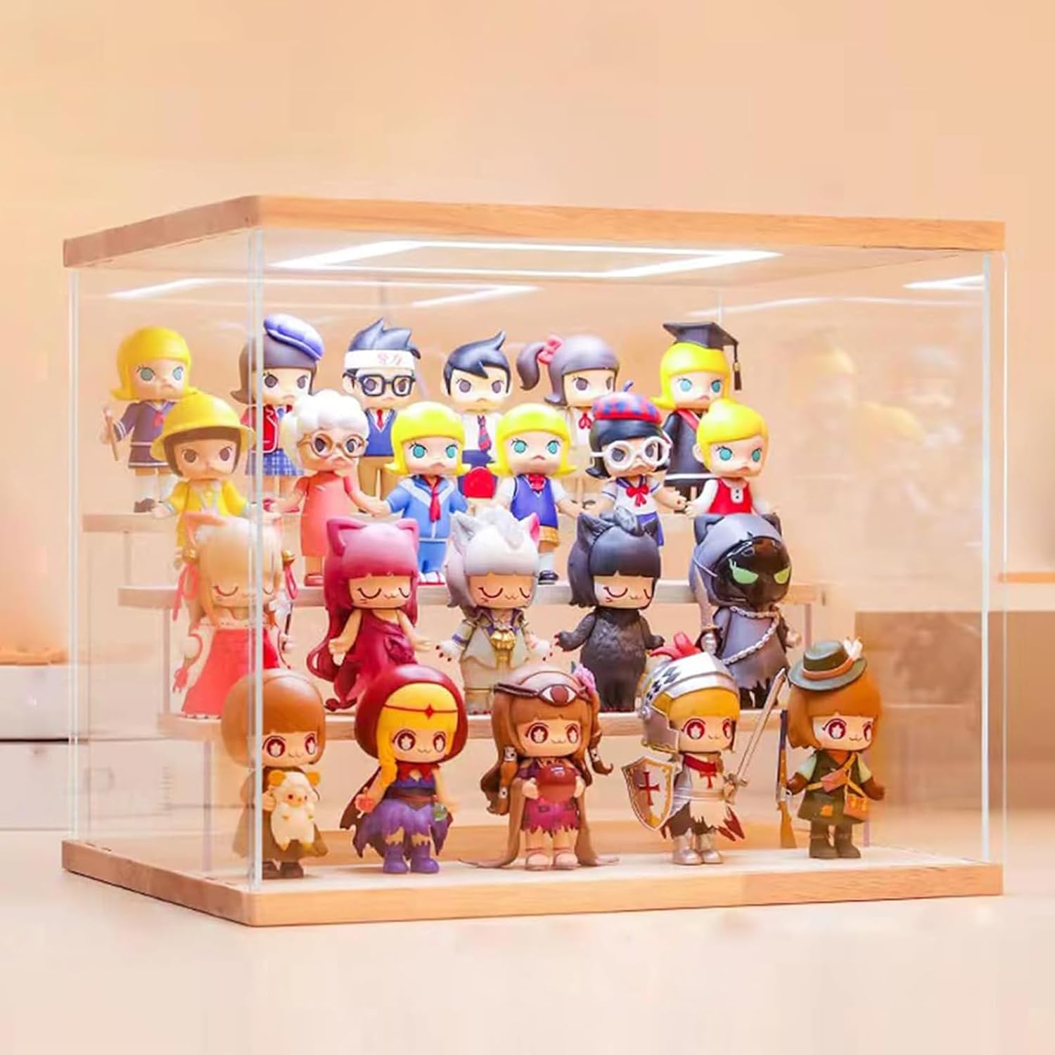 Clear Acrylic Display Case Stand with LED Light Storage Box Showcase Dustproof Organizer Box for Collectibles (Wood Color, 4Tier-12.4x9.6x10.4inch/31.5x24.5x26.5cm)