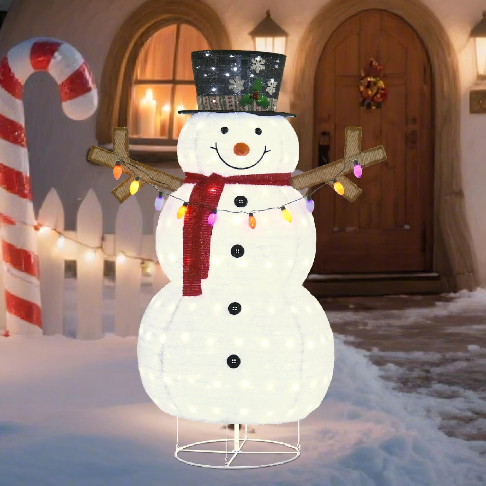 5ft Lighted 3D Snowman Outdoor Christmas Decor, 60" Large Soft-Touch Pop-Up Snowman Holiday Decoration with White 200 LED Lights, Removable Scarf, for Lawn, Yard, Garden