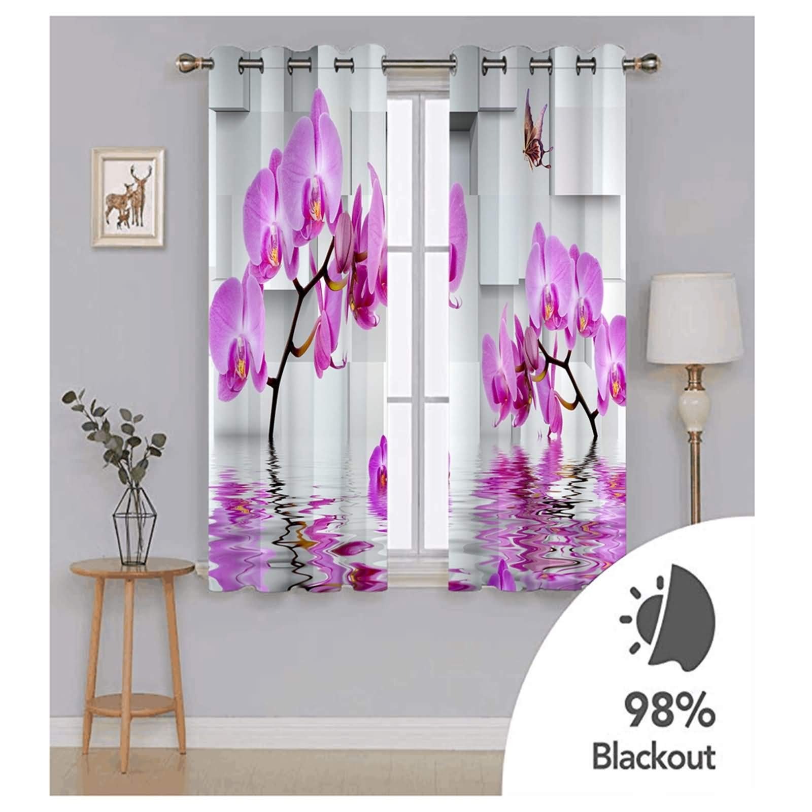 Zasłony zaciemniające, nieprzejrzyste, zestaw 2 sztuk, orchidea, zasłony z oczkami, poliester 214 x 214 cm
