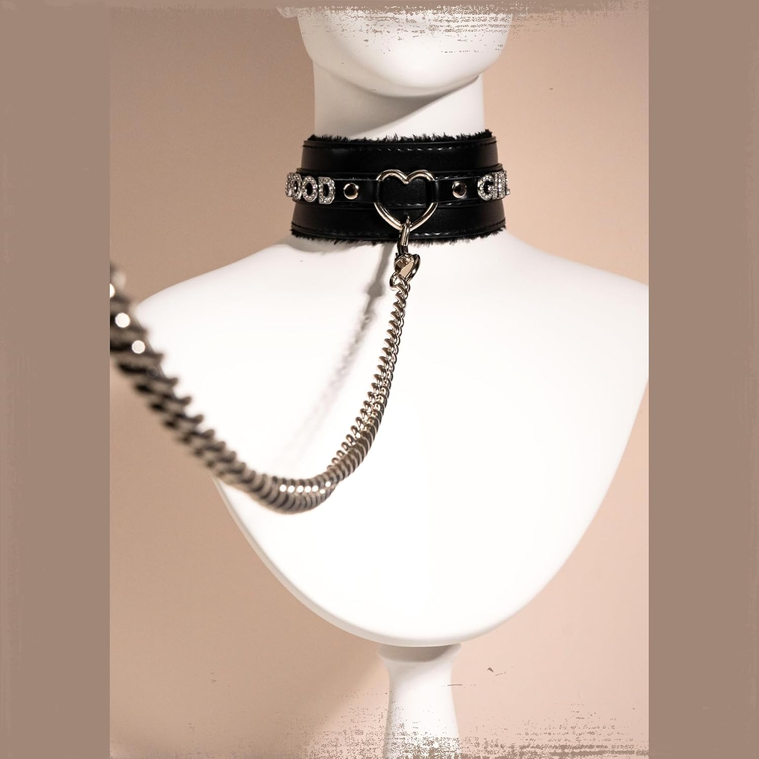 Black Furry Heart Ring Leather Choker and Leash Set, Punk Gothic Grunge Emo Necklace For Women, Rhinestones Letter Collar with Durable Aluminum Chain Leash