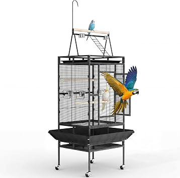 Extra Large 82" Parrot Cage with Play Top Heavy Duty Wrought Iron Aviary, Rolling Stand, Secure Lock, Easy-Clean Removable Tray, Rope Perch Spacious Bird Enclosure for Large Birds