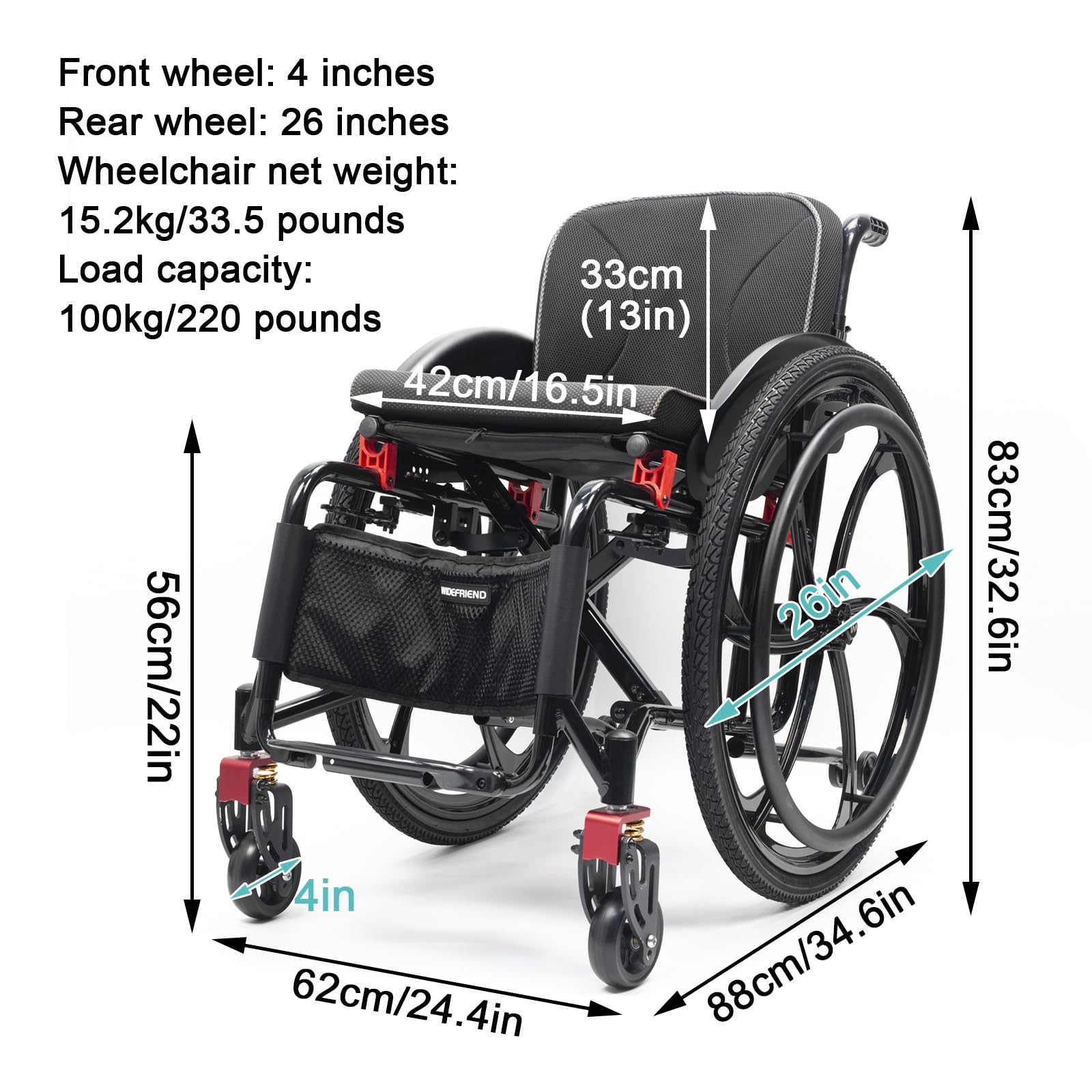 Sportowe wózki inwalidzkie, 15 kg, super lekki wózek inwalidzki z aluminiową ramą, szybkie zapięcie, ręczny hamulec, wózek inwalidzki, torba do przechowywania, obciążenie 100 kg (szerokość siedziska