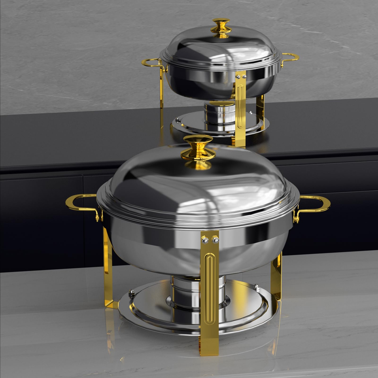 Amhier 5 Qt Chafing Dish Buffet Set with Stainless Steel Lid, Round Chafers and Buffet Warmers Sets with Food and Water Trays for Catering, Parties, Hotels and Weddings, Gold, 2 Pack