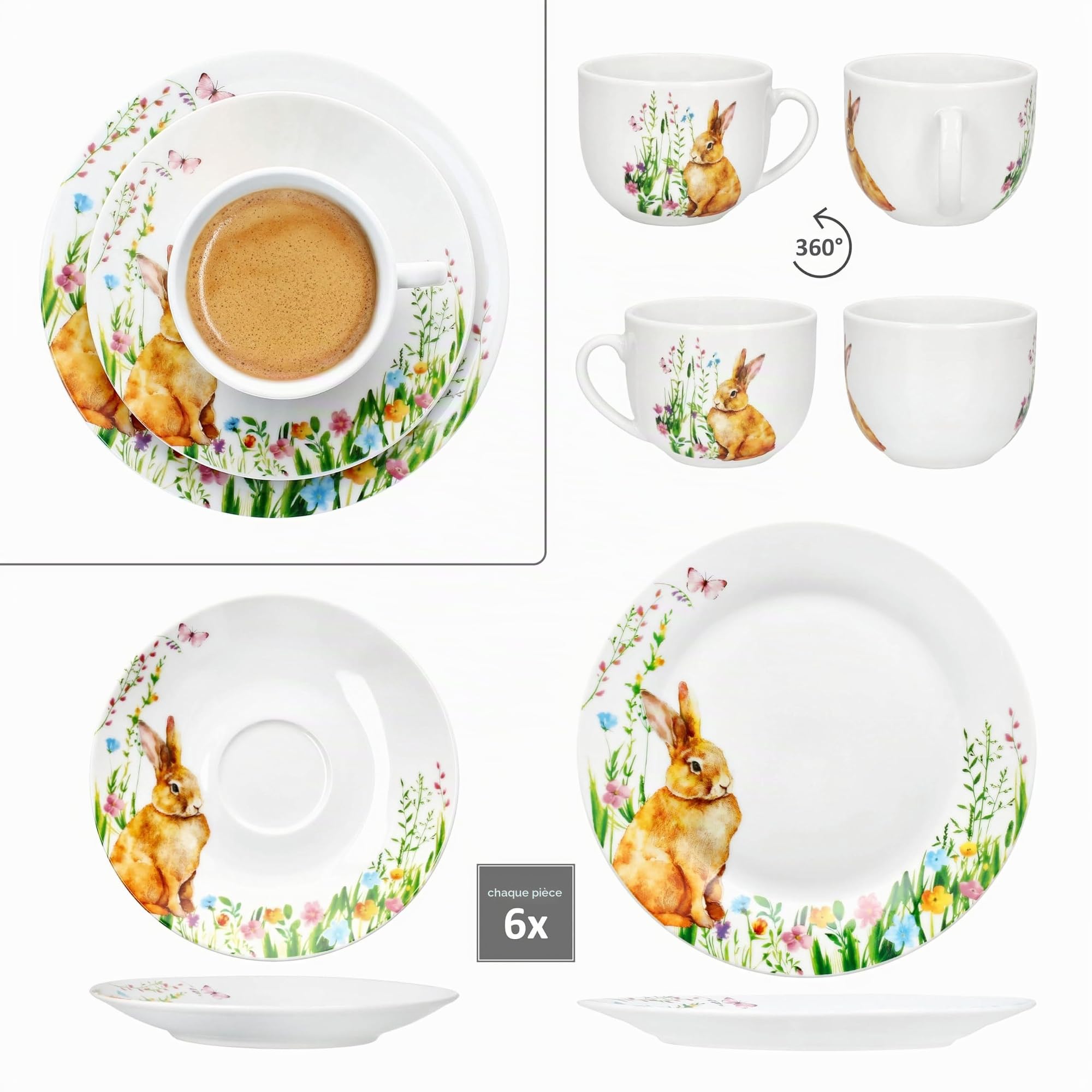 MamboCat Osterfreude Service à café 18 pièces - Vaisselle en porcelaine printanière avec décor lapin de Pâques pour 6 personnes - 6 tasses de 200 ml chacune, 6 soucoupes et 6 assiettes pour