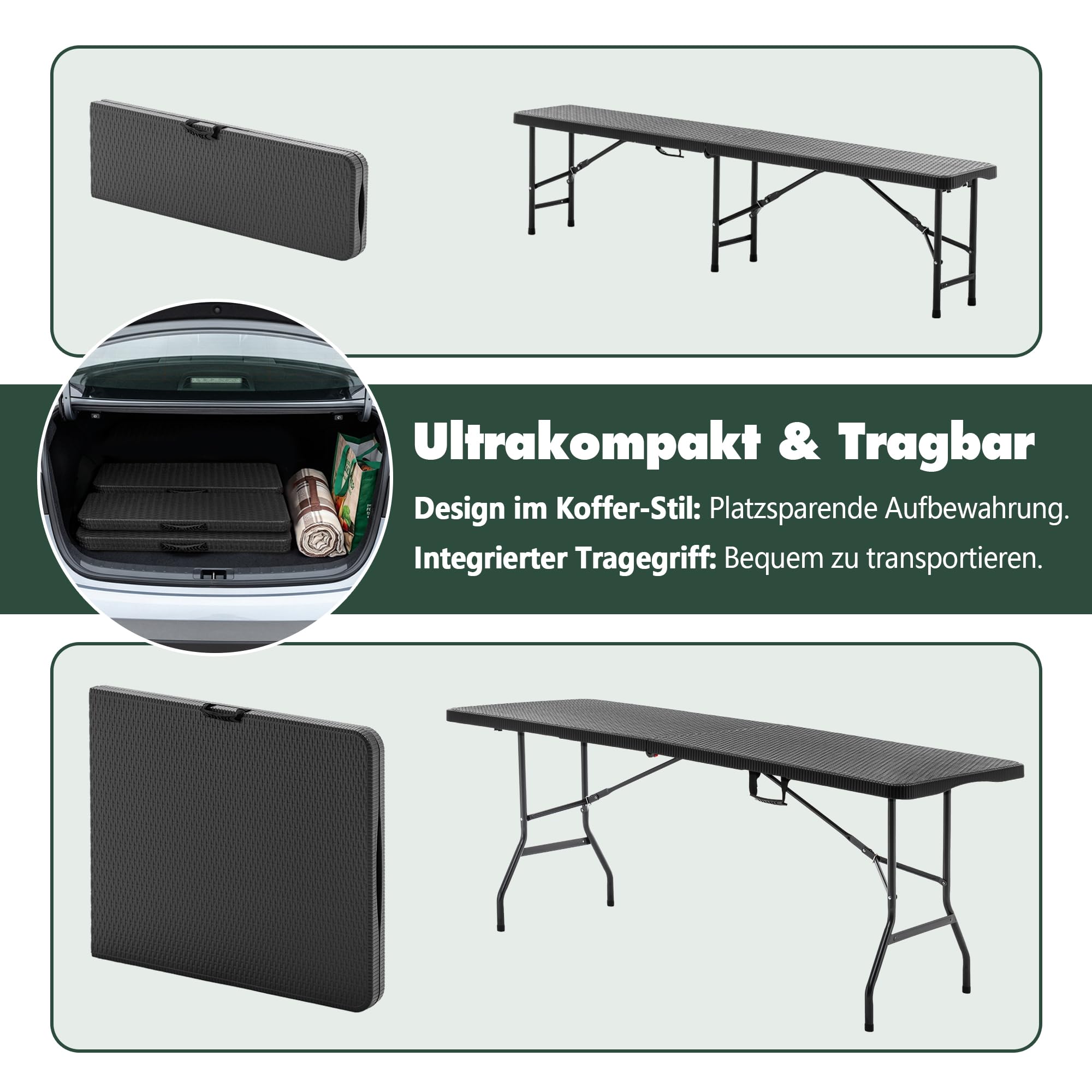 Thanaddo Buffettisch Gartentisch Bierzeltgarnitur Tisch, klappbar 3-teilig Set, 180x74 cm Kunststoff Campingtisch, Rattan-Look für bis zu 8 Personen, robuste wetterfest Biertisch Set, Anthrazit