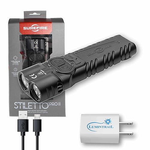 Lumintrail Sure Fire Stiletto PRO II (PLR-C) Multi-Output Rechargeable Pocket Flashlight 1500 Lumen LED Bundle with USB Wall Adapter - EDC Tactical Flashlight, Programmable Output, Pocket Clip