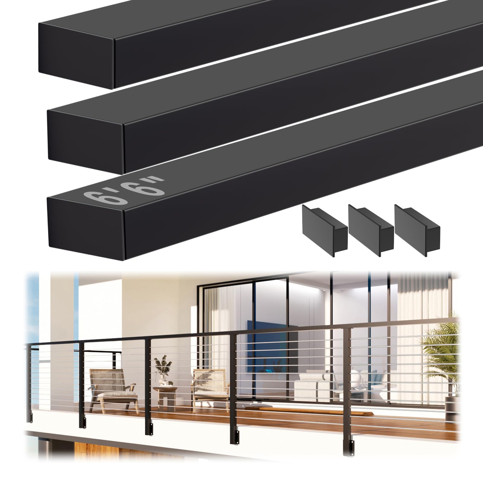Gyykzz 6'6" Stainless Steel T304 Handrail Black with Metal End Caps, 3 Pack Rectangular Cable Railing Handrail Flat Deck Top Rail for Indoor Outdoor