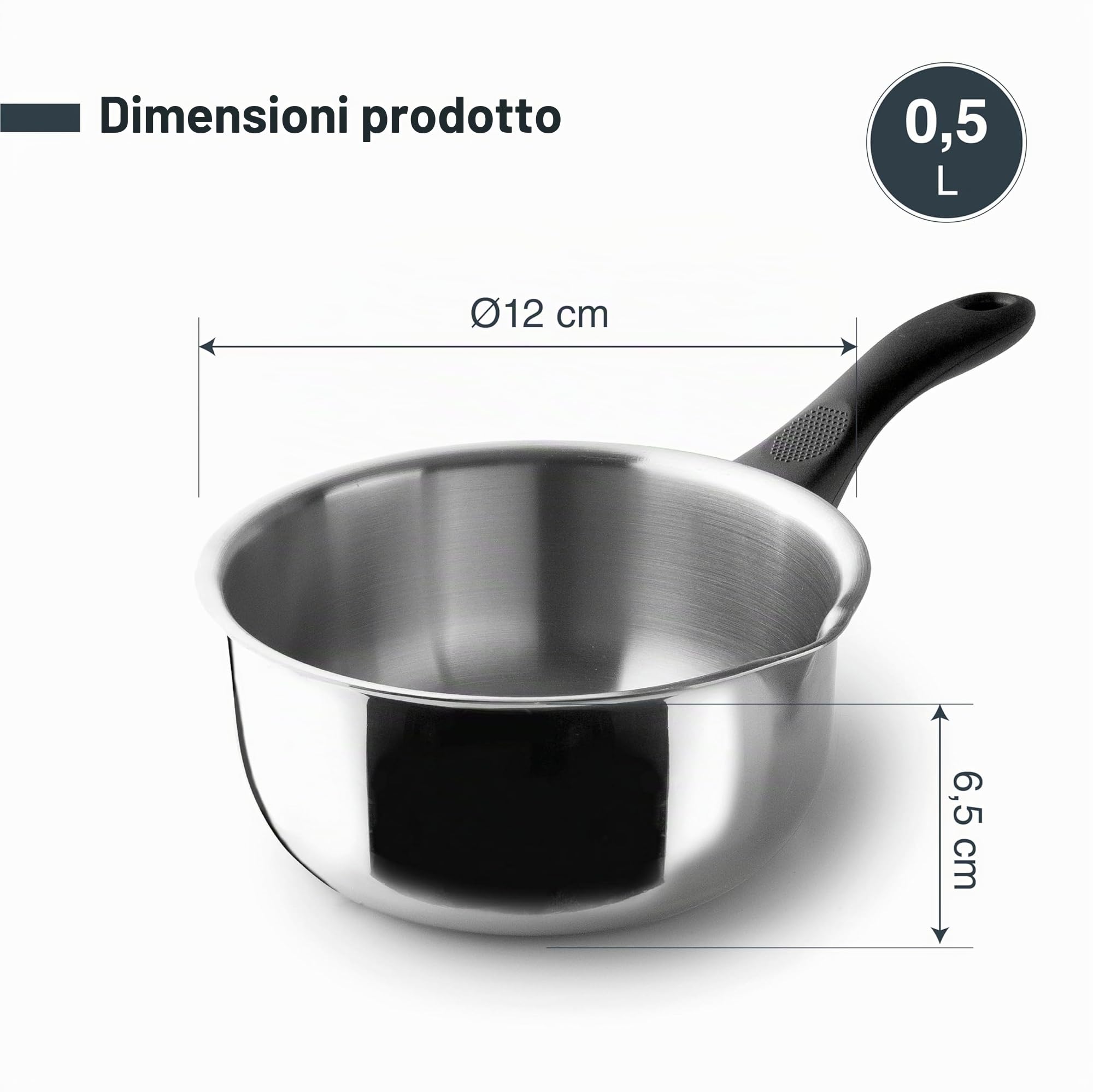 Lacor - 31312 - Casseruola diritta Garinox, acciaio inox, beccuccio versatore, manico ergonomico in bachelite, 0,5 litri, adatto all'induzione, non adatto al forno, lavabile in lavastoviglie, ø12cm