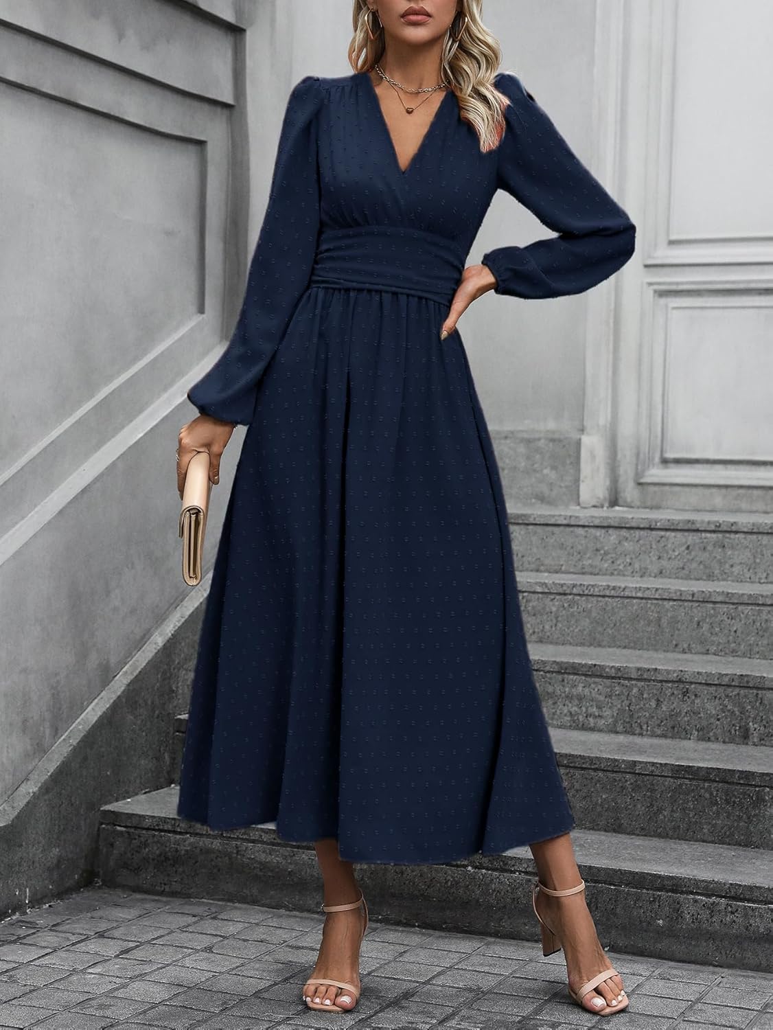 Mettclasi Women's Spring Fall Swiss Dot V Neck Maxi Dress Casual Puff Long Lantern Sleeve A-Line Flowy Dress - Image 5