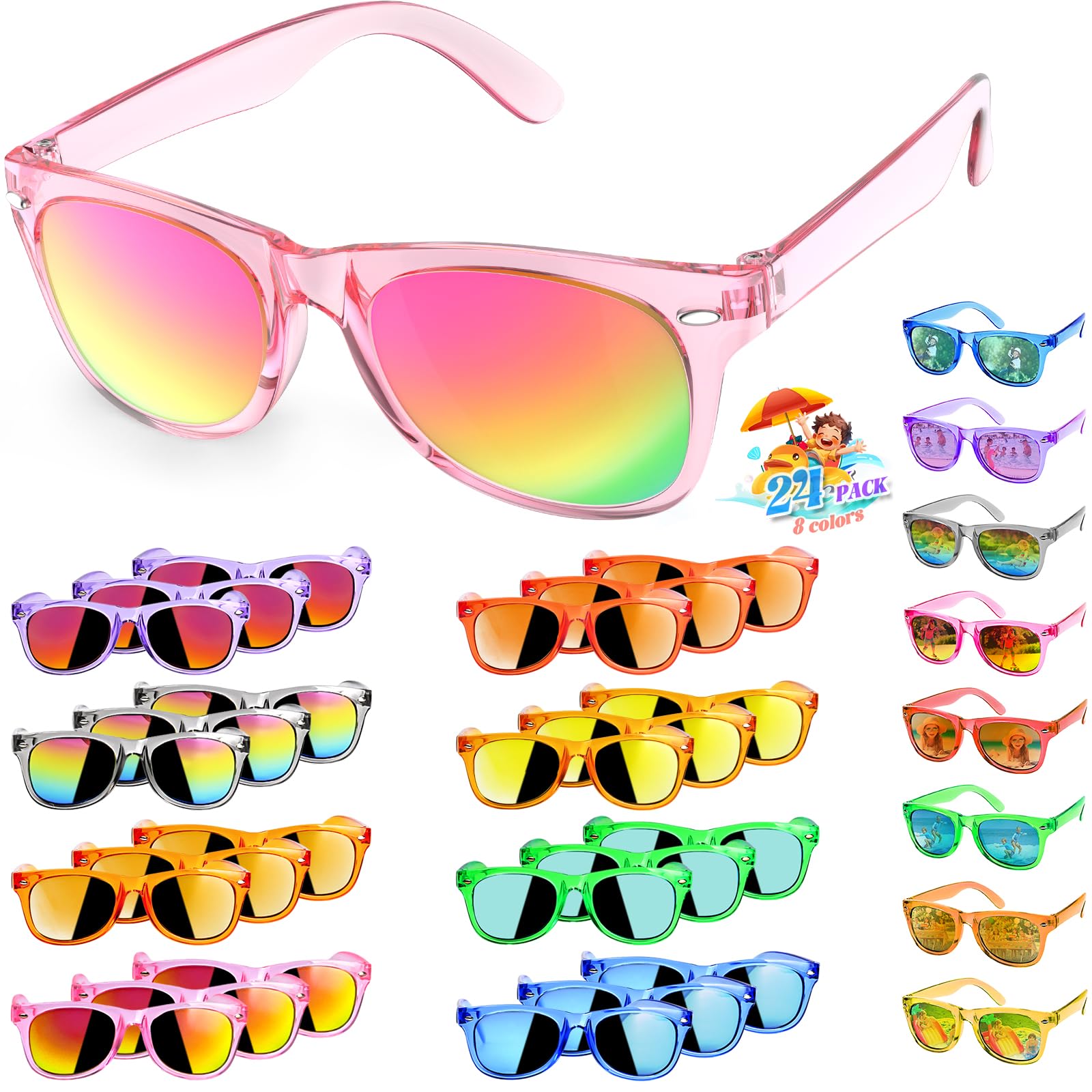24 Stück Kinder-Sonnenbrillen, Partyzubehör, Geschenktüten für Kinder im Alter von 3–8 Jahren, Neonbrillen für Jungen und Mädchen, mit UV400-Schutz, Geburtstag, Klassenzimmer