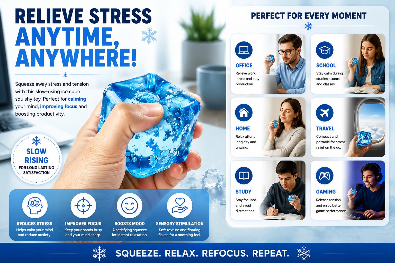 GRYFINN Snowflake Stress Relief Toy, Gel Fidget Cube for Kids & Adults, Squishy Sensory Anxiety Relief Toy, Stretchy Pinch Pull Stress Ball, Hand Therapy for Office, School & Home 3