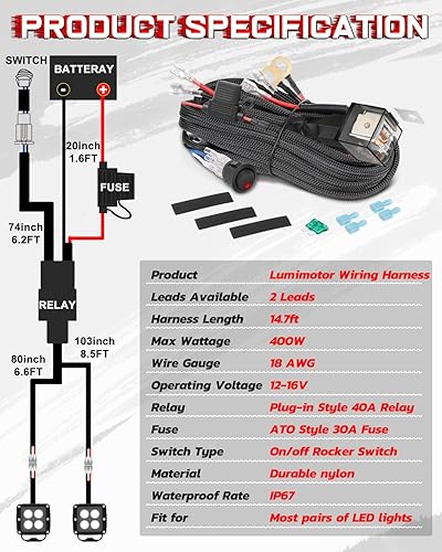 Miniatura 2 de Nibright - Arnés de cableado de 2 conductores, kit de arnés de cableado de 14.7 pies con interruptor de roca para barra de luz LED, luces antiniebla