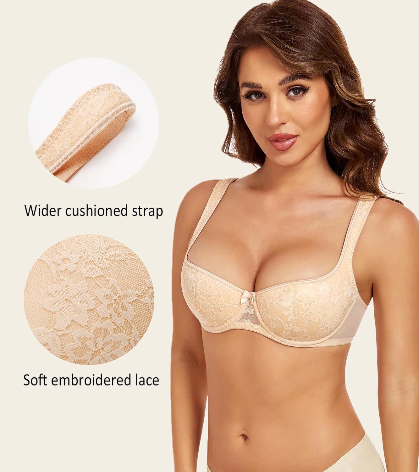 Lemorosy Women's Sexy Lightly Padded Push Up Demi Half Cup Underwire Scoop Neck Balconette Mesh Bra - Image 3