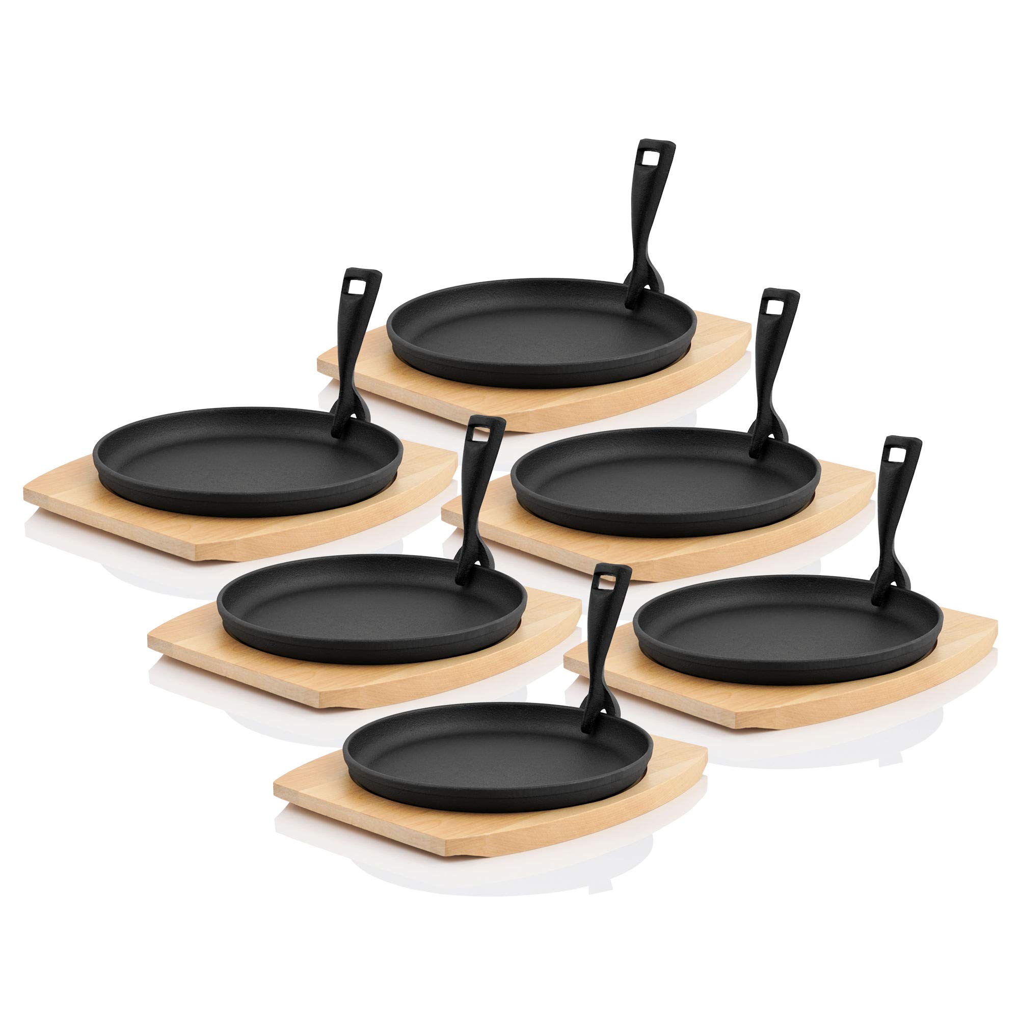 BBQ-Toro Serving Pan with Wooden Base Diameter 22 cm Round Cast Iron Grill Pans, Black, Ø 22 cm