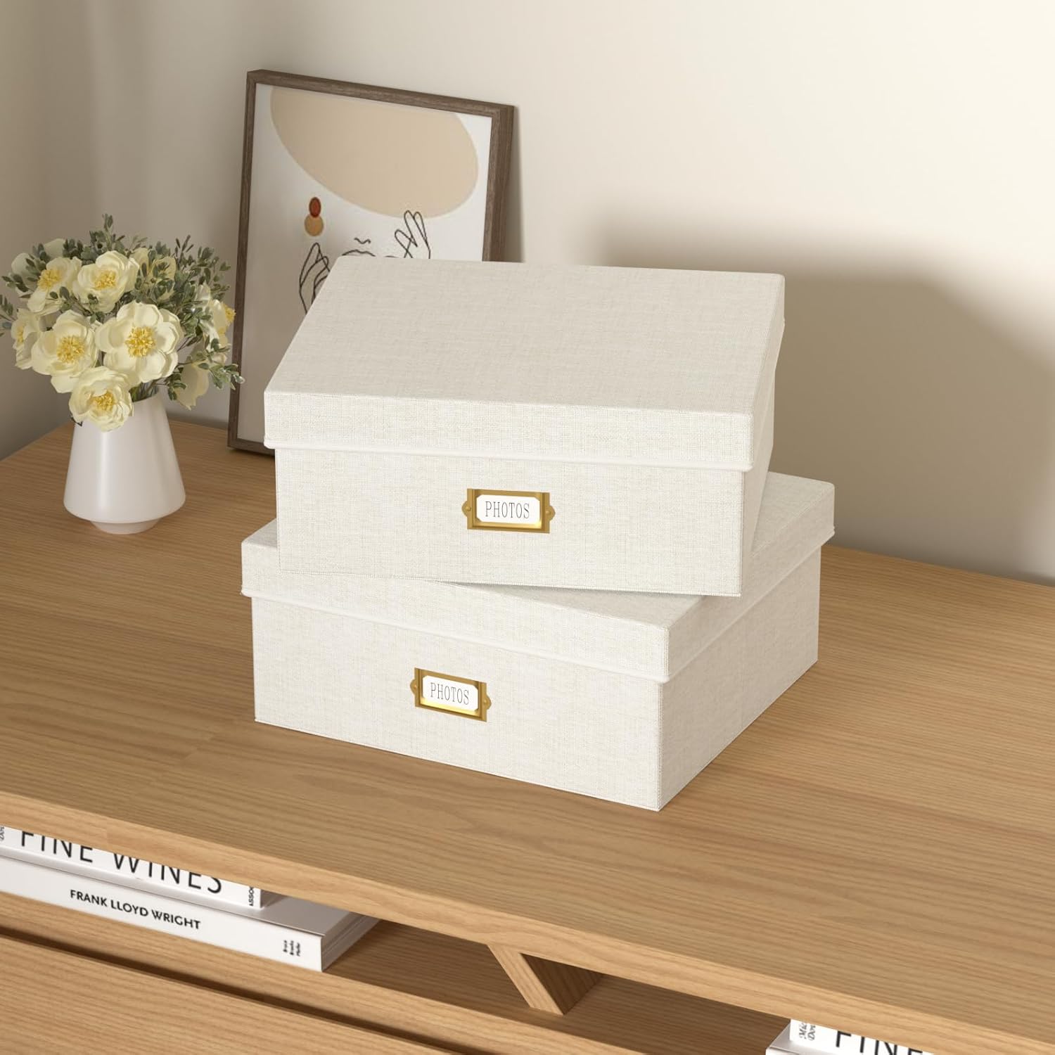 Decorative Photo Storage Box - 2 Pack Linen Photo Box Organizer with Dividers, Fits Holds Up to 1700 Pictures and 4x6 Photos, Memory Keepsake Organizer for Scrapbook Supplies, Cards, Stamps (Beige)