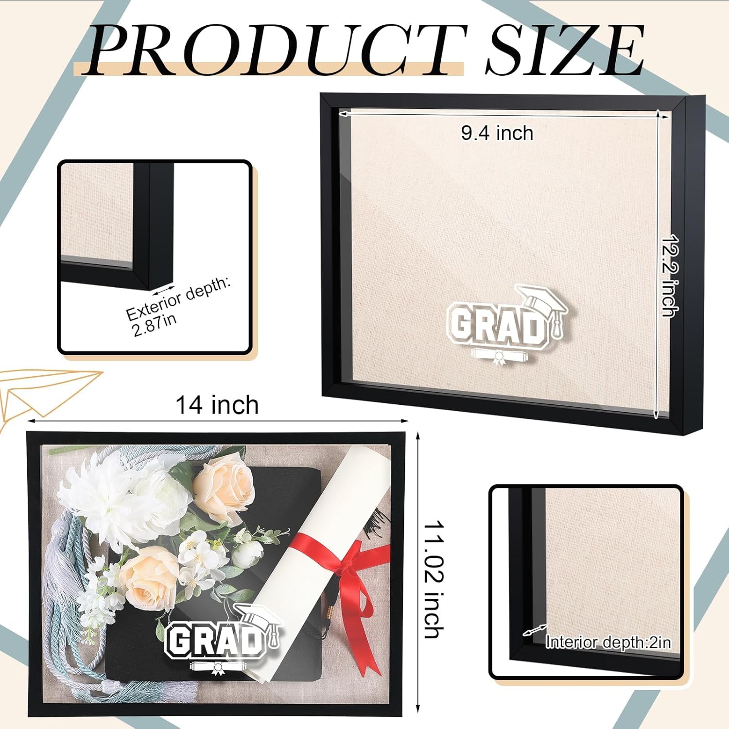 Huwena Graduation Shadow Box Frame 11.8 x 15.8 Inch Display Case Picture Diploma Frame with Tassel Holder Graduation Keepstakes Memory Box for Cap and Gown Tabletop and Wall Display Party Gifts(Black)